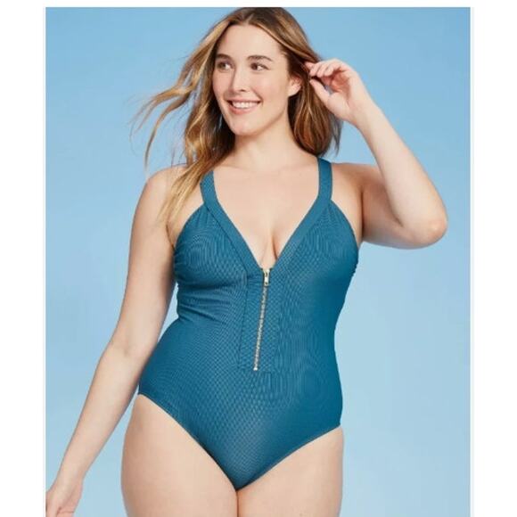 New NWT Kona Sol Blue Ribbed Front Zipper One Piece Swimsuit Size Large - Picture 1 of 11